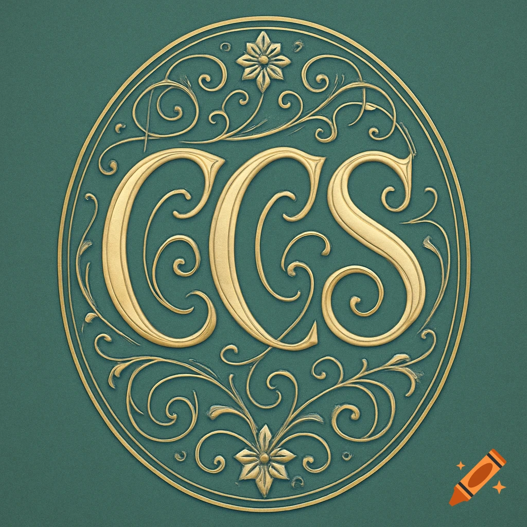 Art Nouveau style logo with ornate gold letters 'CCS' on a teal background, surrounded by decorative floral and vine patterns.