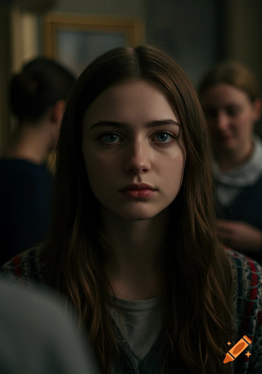 A close-up, photorealistic portrait of a young woman with long brown hair and blue eyes, looking directly at the viewer with a thoughtful expression. Two blurred figures are in the background.