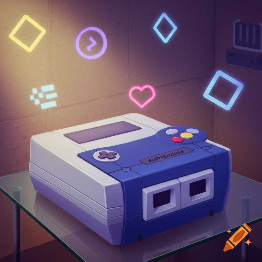 A fictional blue and white video game console, a mix of SNES and GameCube, sits on a glass table with glowing neon shapes floating above it in a stylized art style.