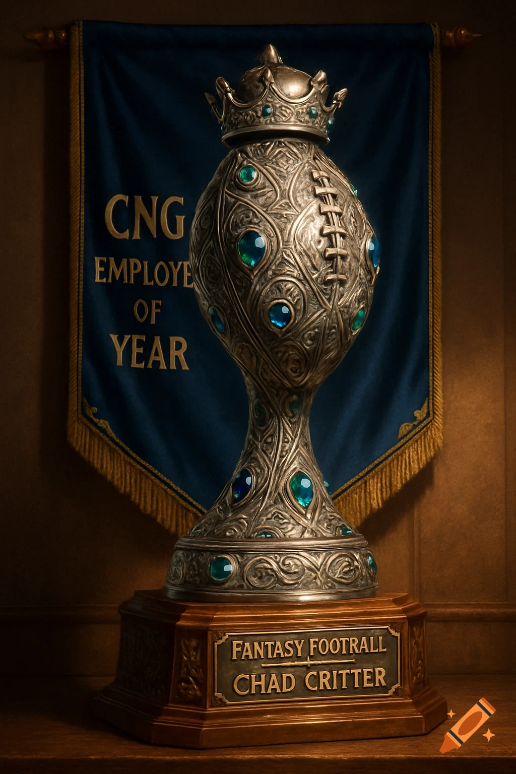 An ornate, jeweled fantasy football trophy with a crown on top and a football lacing design sits on a wooden base in front of a blue banner.