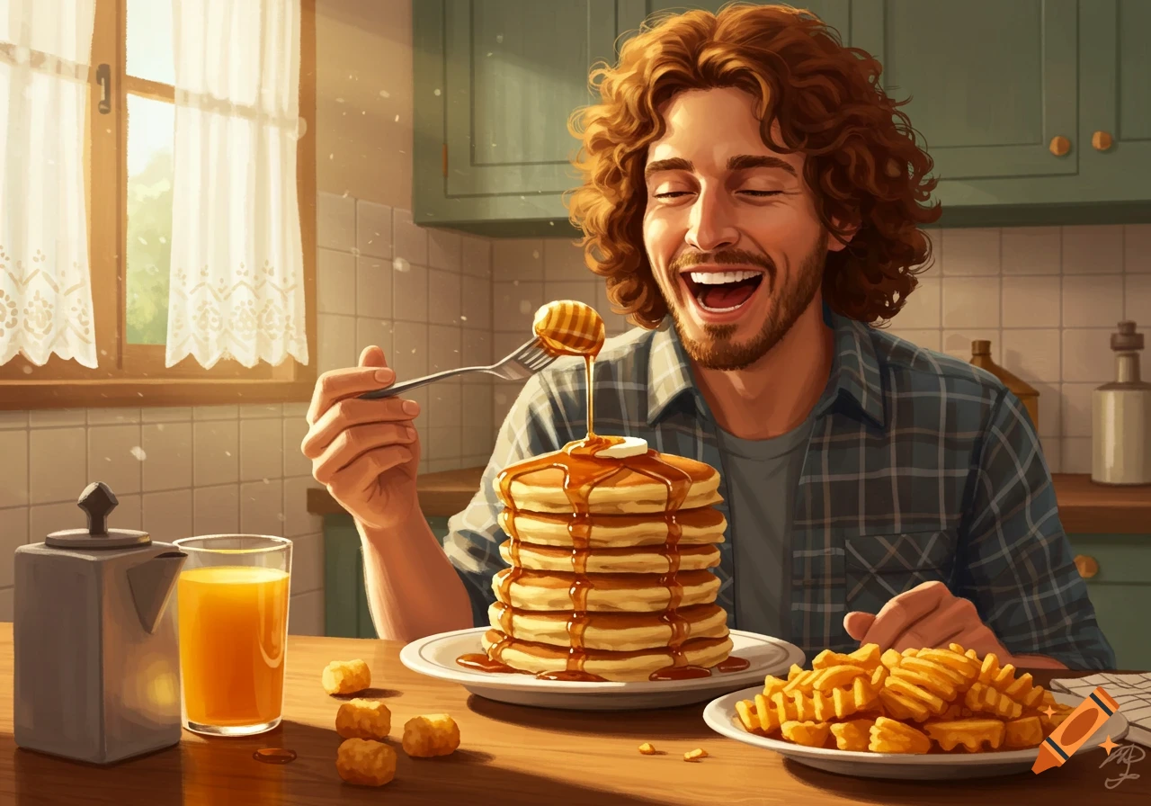 An illustrated man with curly hair laughs while eating pancakes with syrup, waffle fries, and tater tots in a bright kitchen.