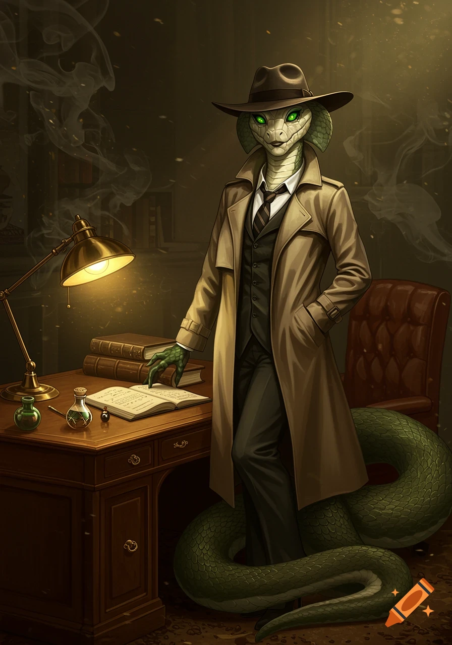 A snake person dressed as a private investigator stands at a desk with an open book, lamp, and bottles in a smoky, noir-style room.