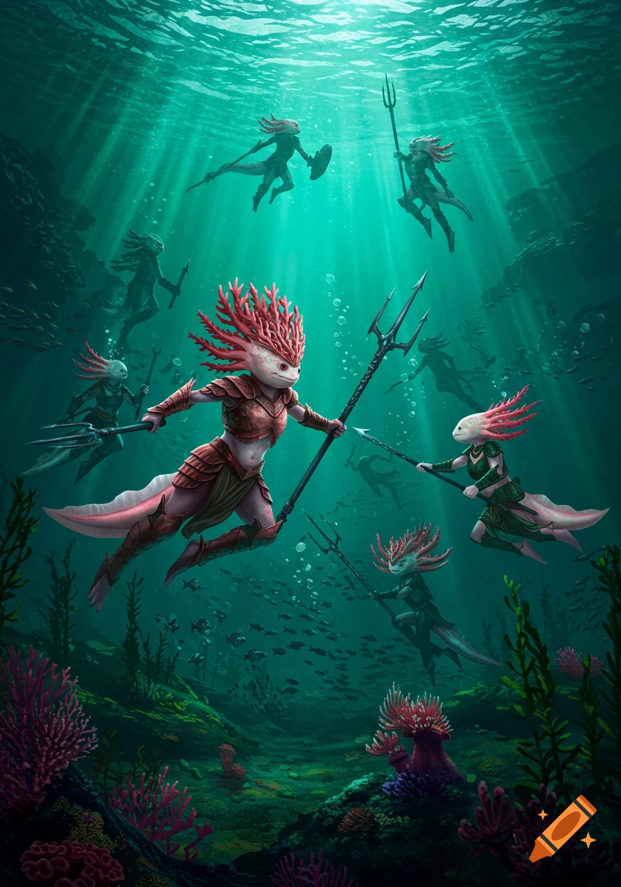 Anthropomorphic axolotl warriors battle underwater, wielding tridents and spears amidst coral and fish with sunrays from above.