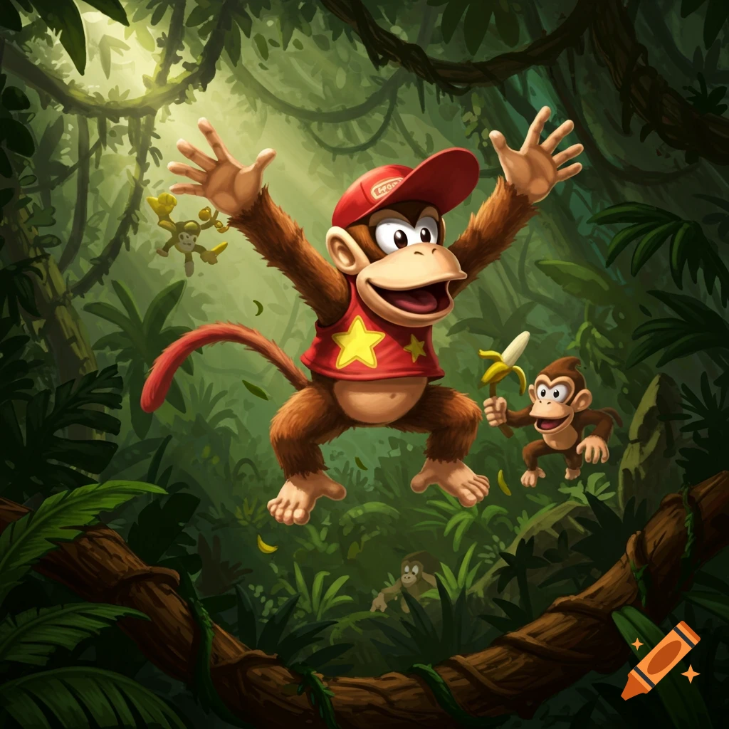 A cartoon monkey, Diddy Kong, in a red hat and shirt, jumps excitedly in a lush green jungle. Another small monkey holds a banana.