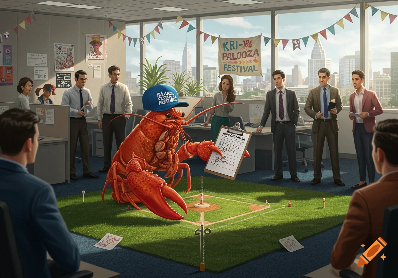 A giant lobster wearing a baseball cap plays baseball on a green mat in a corporate office, surrounded by office workers observing.
