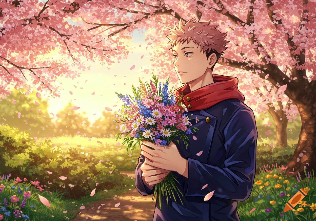 An anime character, Yuji Itadori, holds a vibrant bouquet of flowers under blooming cherry blossom trees in a sunny park.