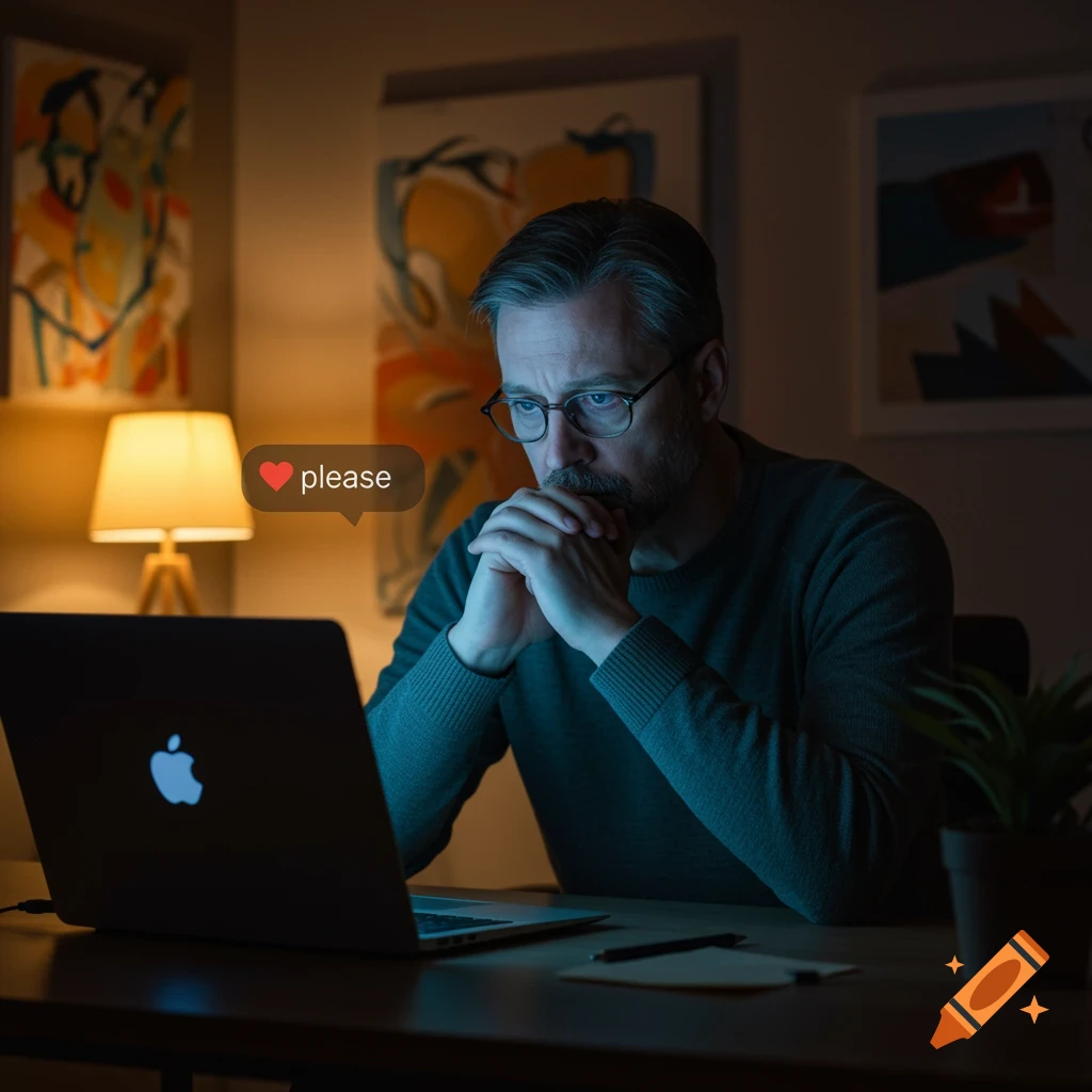 A man with glasses looks intently at a laptop in a dimly lit room, with a "please" text bubble floating above the screen. Photorealistic style.
