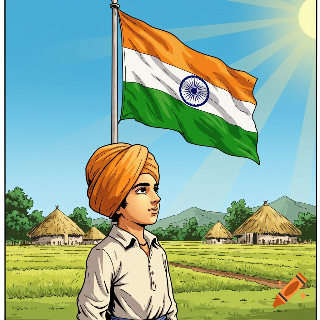 Comic book style illustration of a boy in an orange turban looking at the Indian flag in a rural village with thatched huts.