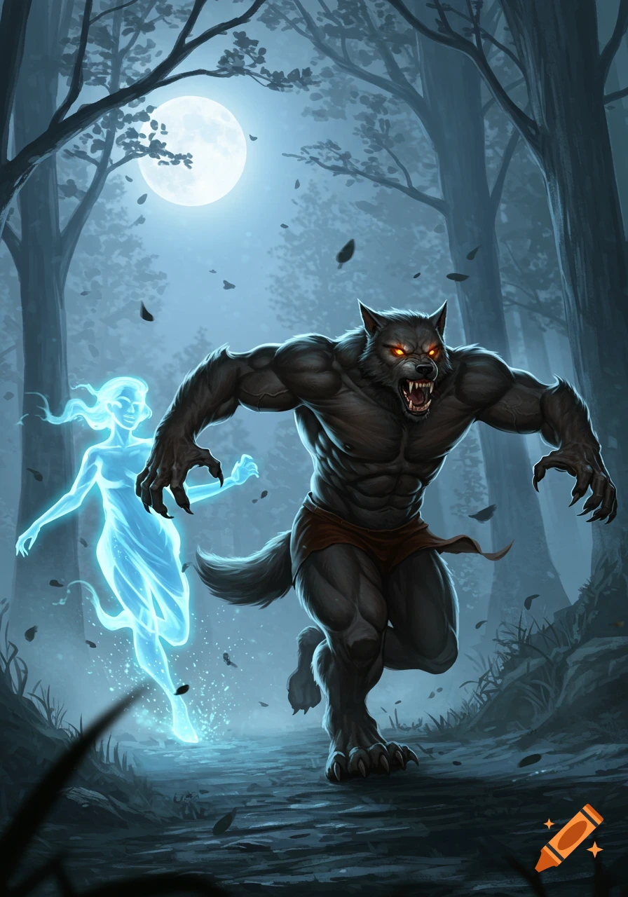 A muscular werewolf with glowing eyes chases a glowing blue ghost through a dark forest under a bright full moon.