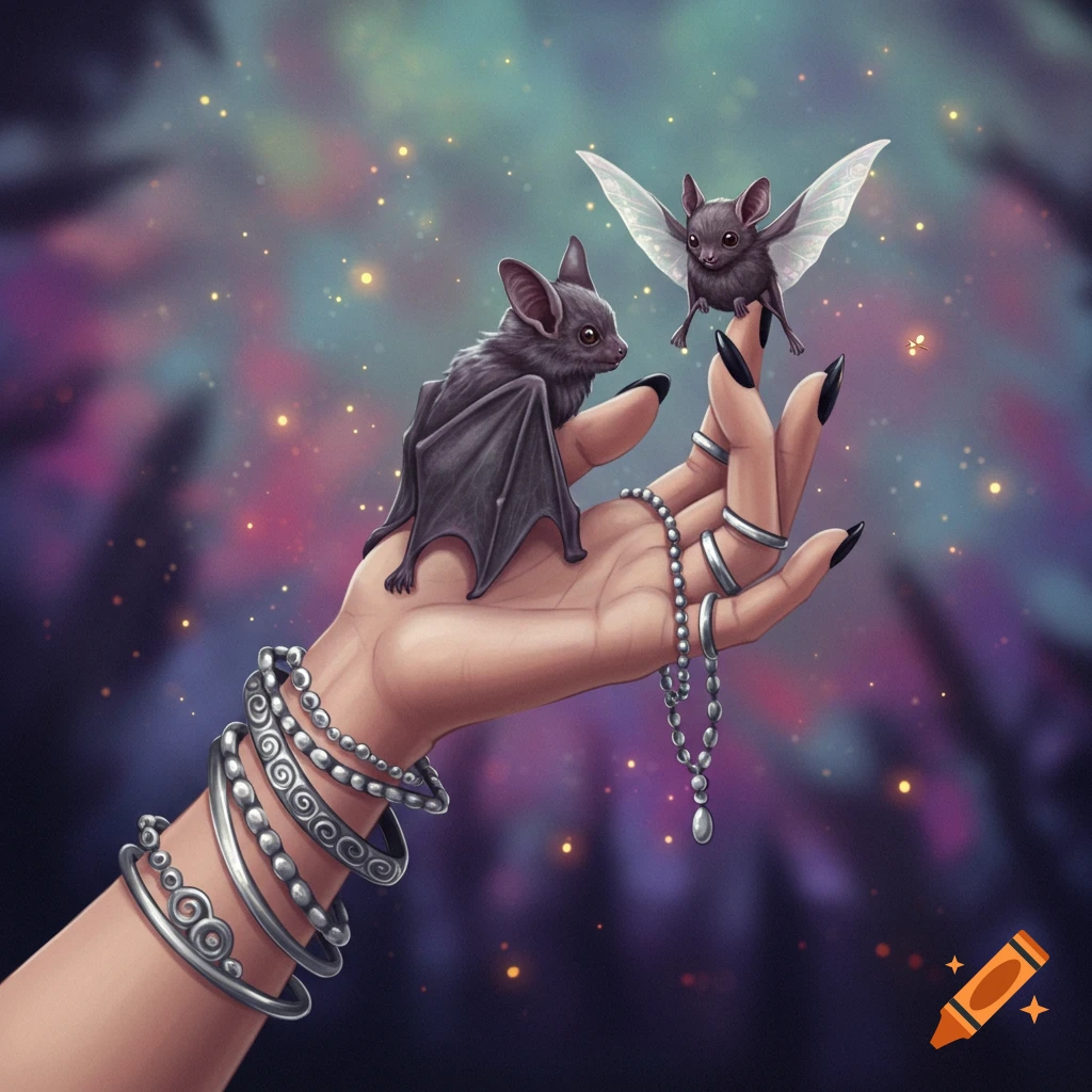 A hand adorned with rings and bracelets holds a baby bat, with a winged fairy bat perched on a finger, against a sparkling magical background.