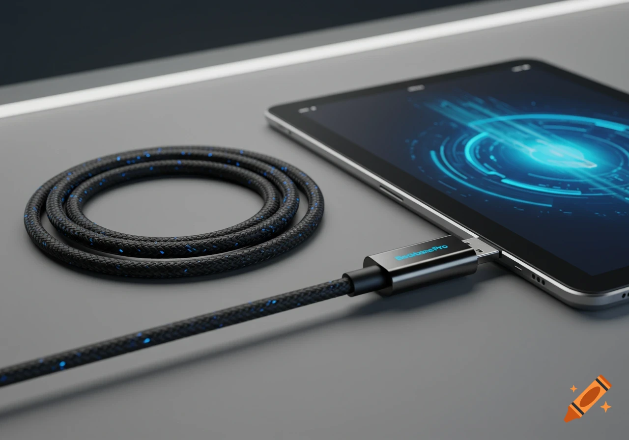 A black braided USB cable with blue flecks, coiled next to a tablet it's plugged into, showing a blue tech interface. Photorealistic.