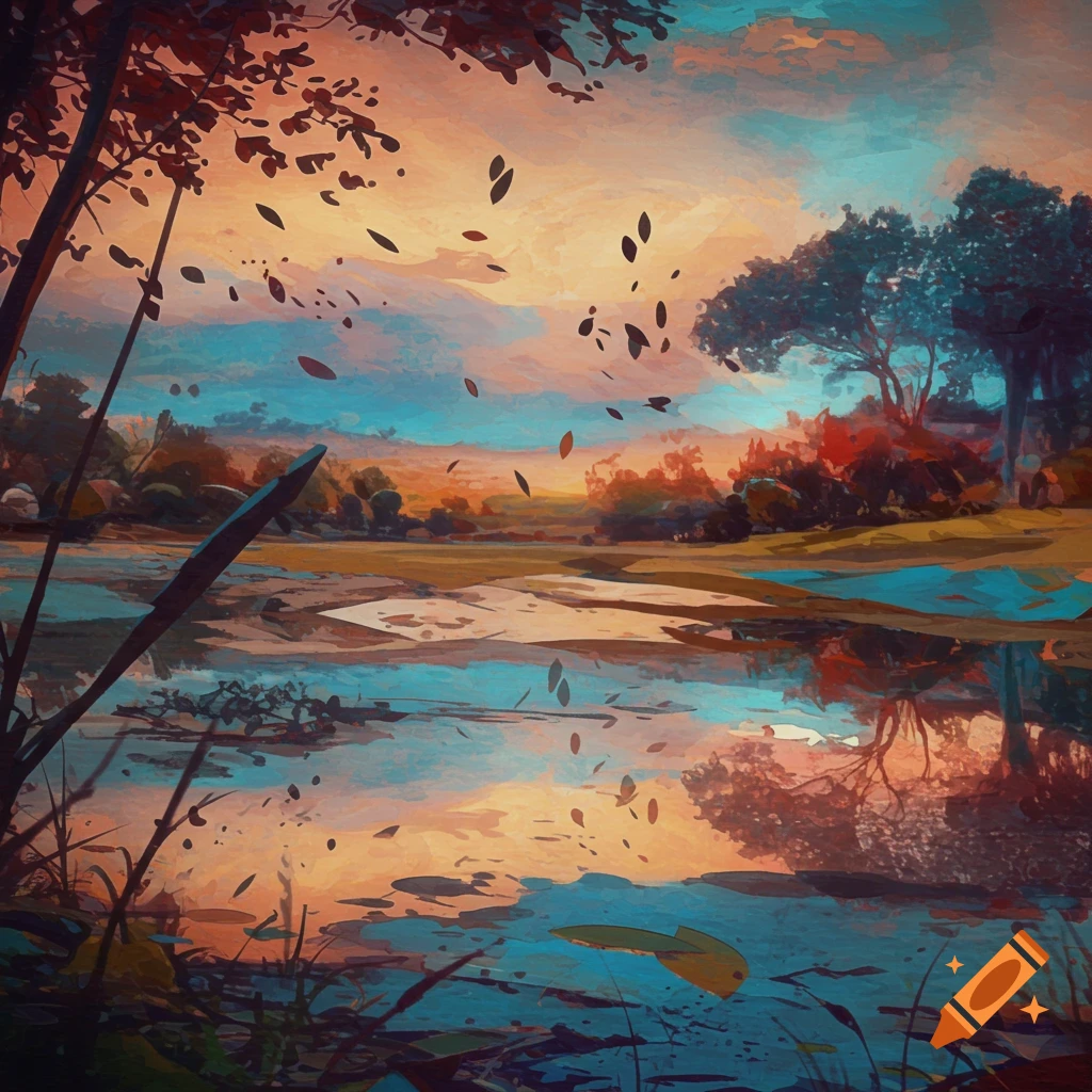 A vibrant, expressive painting of a sunlit landscape with water reflecting the sky and falling leaves.