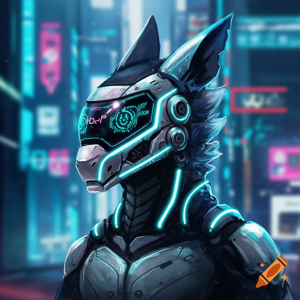 A futuristic protogen character with a glowing blue visor displaying abstract symbols and a smiley face, standing in a neon-lit city at night.