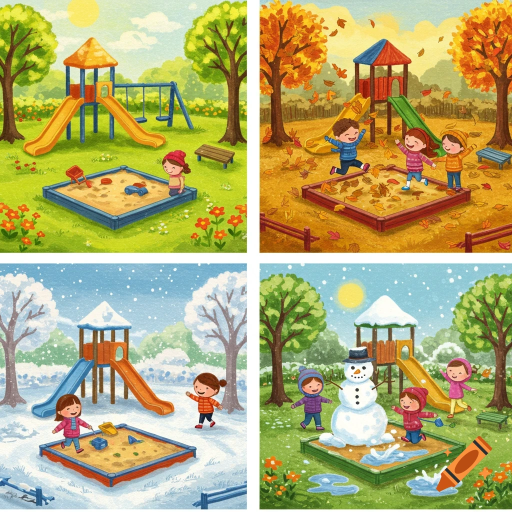 A storybook illustration of a playground across four seasons, with children playing in summer, fall, winter, and spring.