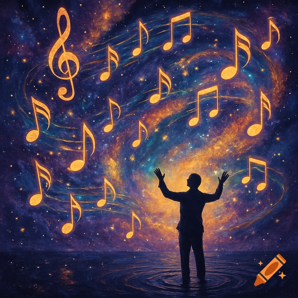A silhouette of a person stands in water with arms raised, surrounded by glowing musical notes floating in a vibrant galaxy sky.