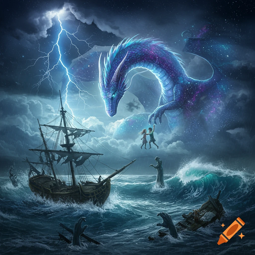 A giant cosmic dragon rescues two children from a sinking ship in a stormy, lightning-filled sea with hands reaching from the water.
