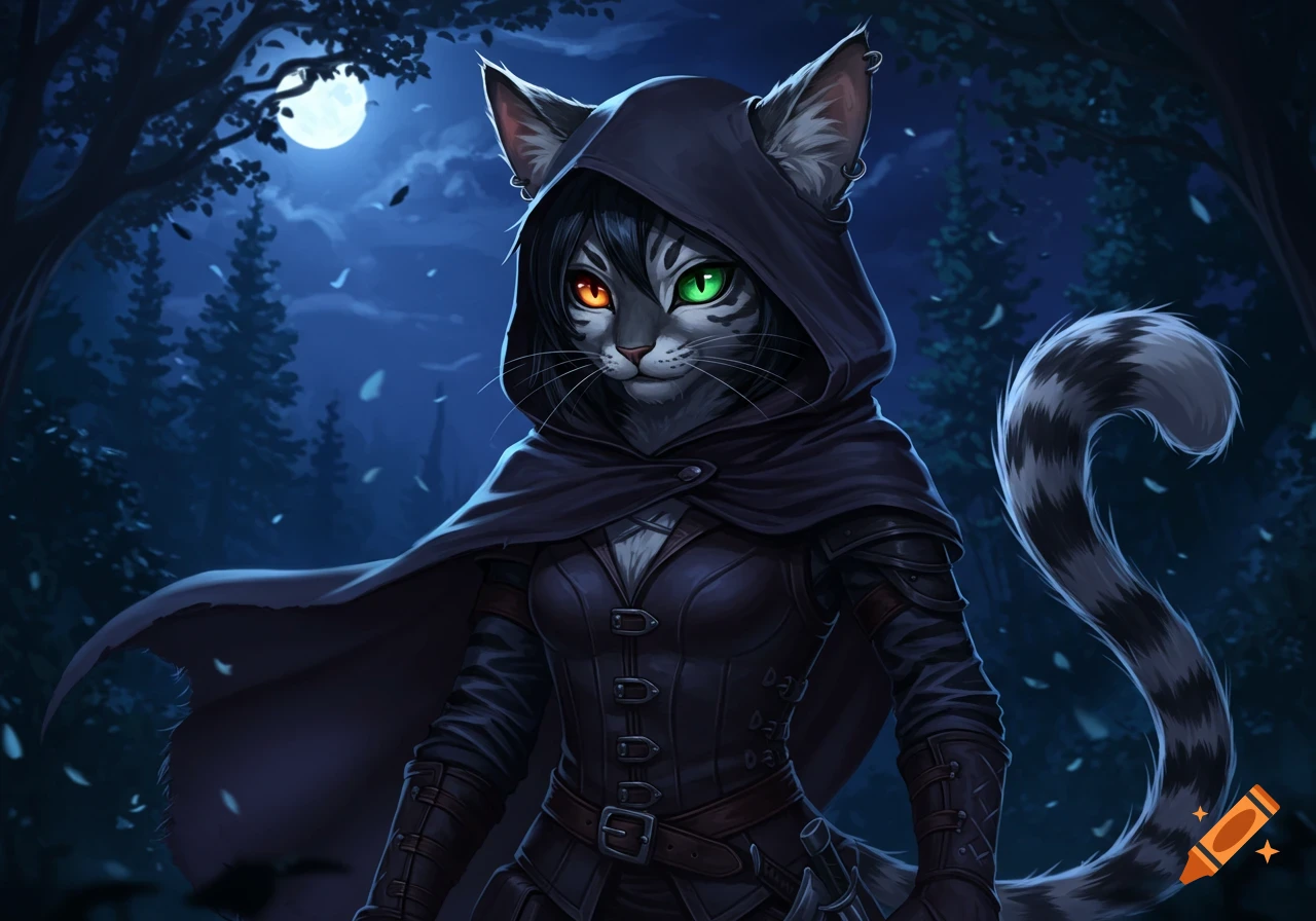 A cat-like humanoid in a dark hooded cloak and leather armor stands in a nighttime forest under a full moon. It has one orange and one green eye.