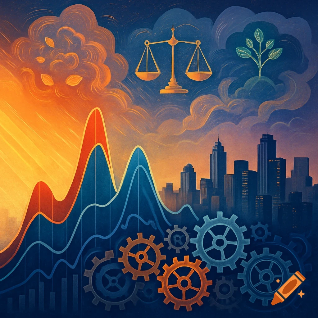 Stylized illustration of economic concepts with graphs, gears, cityscape, scales of justice, and a plant under a vibrant sky.