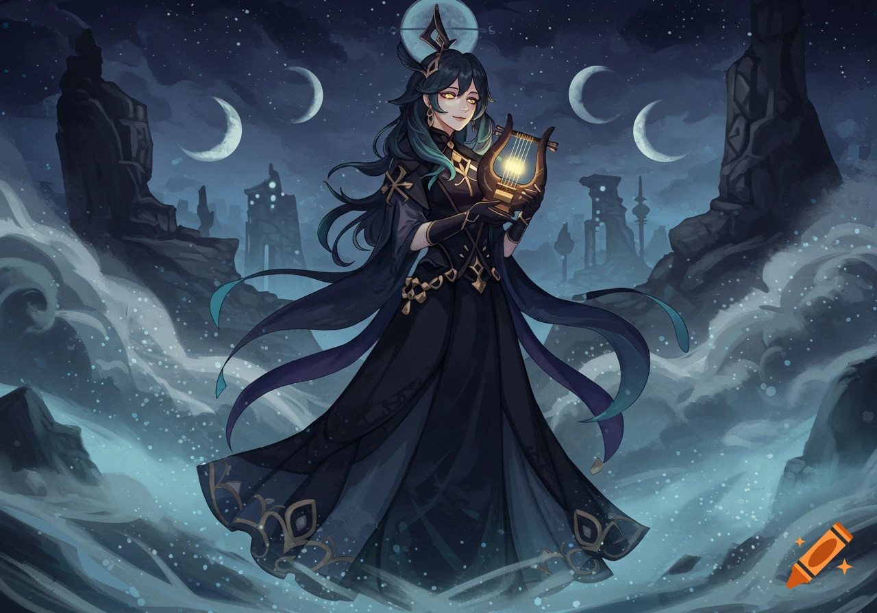 An anime-style character with dark hair and a black dress holds a glowing lyre in a moonlit fantasy landscape with crescent moons and floating mist.