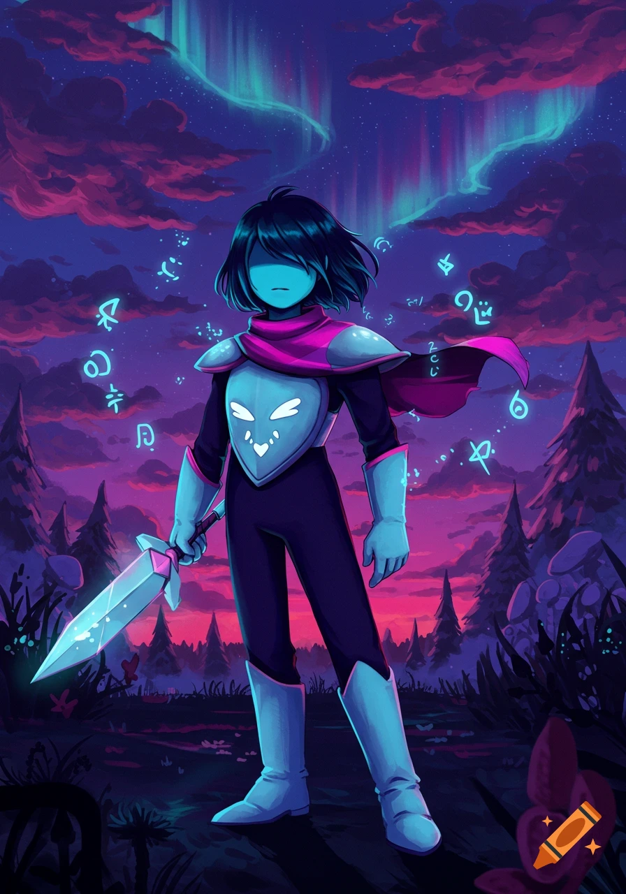 A dark-haired anime character with a blue face and pink scarf stands in a fantasy forest under an aurora borealis sky, holding a glowing sword.