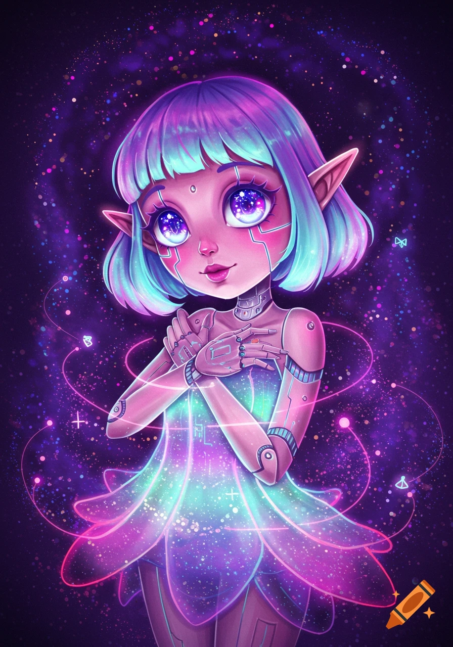 A vibrant anime-style drawing of a 'machine elf' with glowing, short purple and teal hair, large starry eyes, pointy ears, and robotic limbs. She wears a flowing, bioluminescent dress shimmering with light and small abstract symbols, set against a dark, star-filled cosmic background.