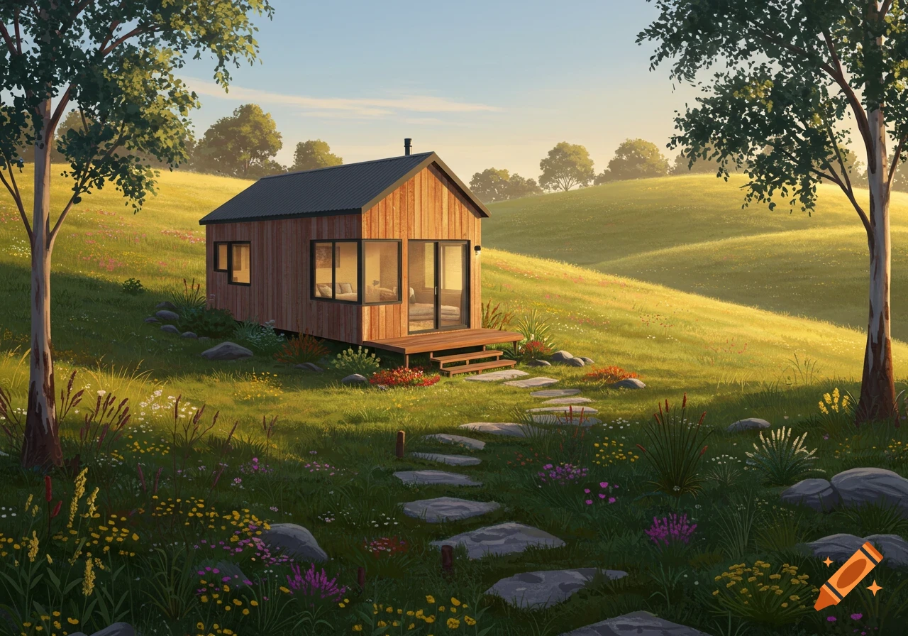 A tiny wooden house with modern windows and a deck sits on a grassy hill filled with wildflowers, surrounded by trees under a clear sky.