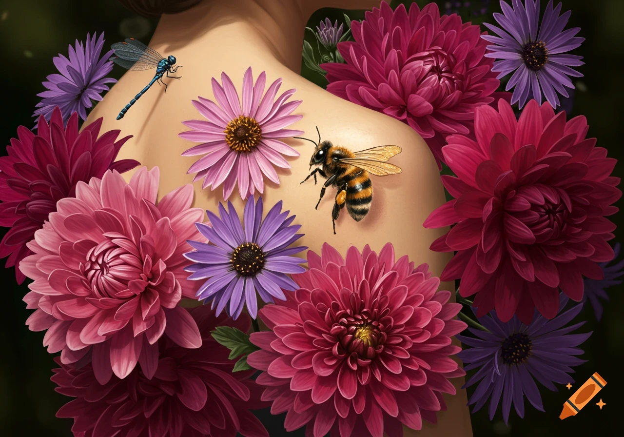 A close-up of a person's bare shoulder adorned with large pink and purple flowers, a bee, and a dragonfly.
