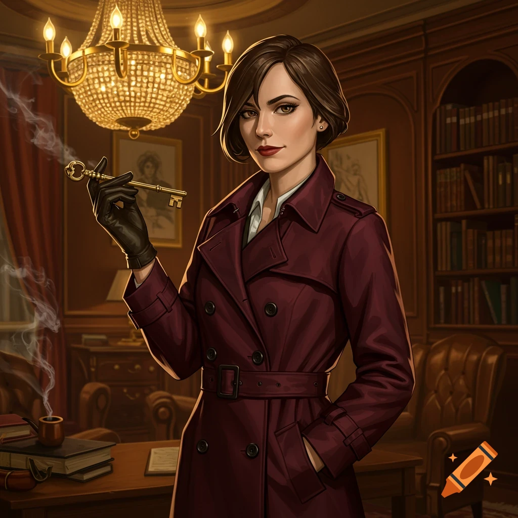 An illustration of a woman in a maroon trench coat holding an ornate key in a dimly lit study with a chandelier.