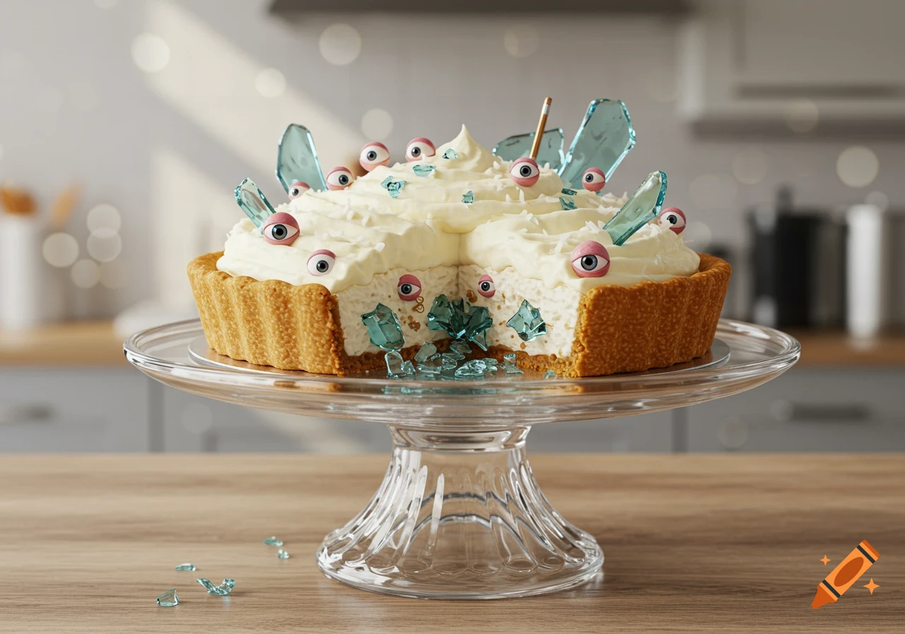 A photorealistic coconut cream pie decorated with many pink eyeballs and blue glass shards, on a glass cake stand in a kitchen.