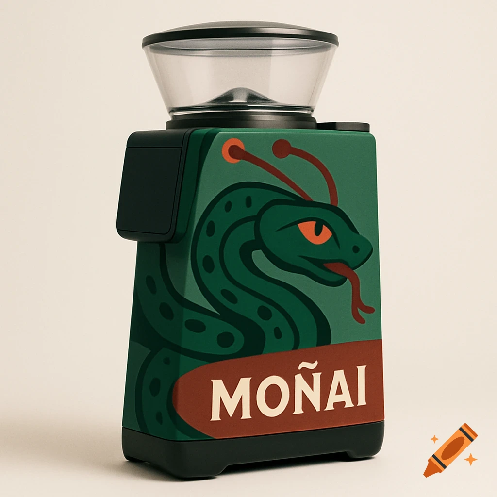 Modern electric coffee grinder with green snake art featuring orange eyes and tongue, and the word 'MO R ÑAI' on its side.