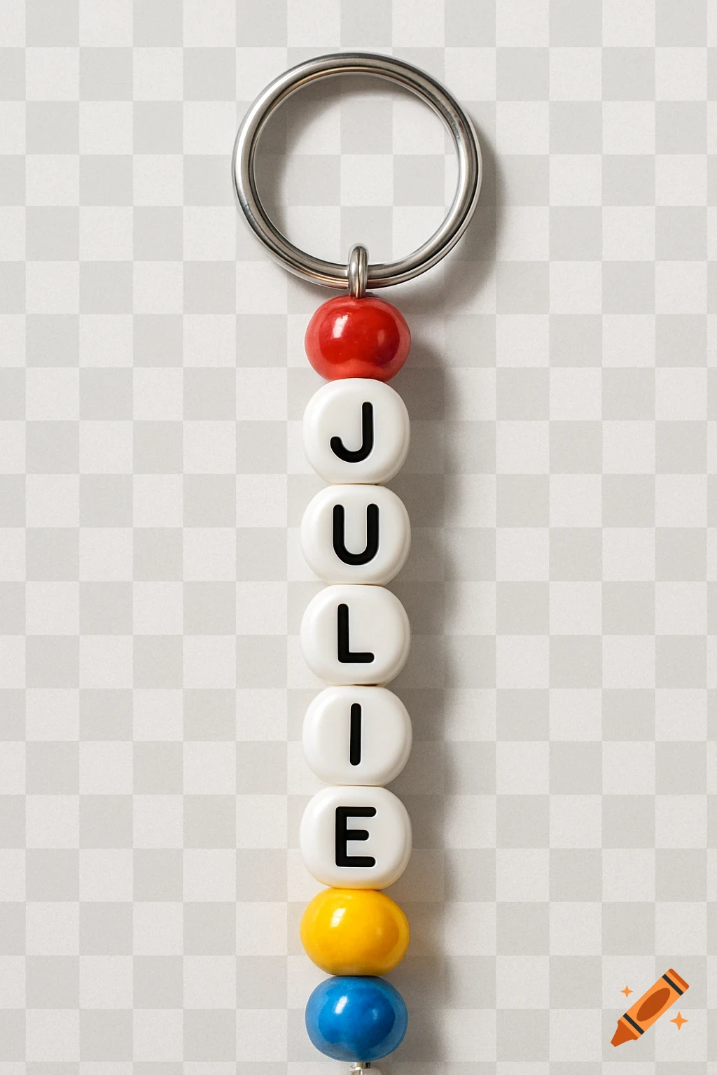 A vertical keychain with red, white, yellow, and blue beads, spelling out the name JULIE on white letter beads.