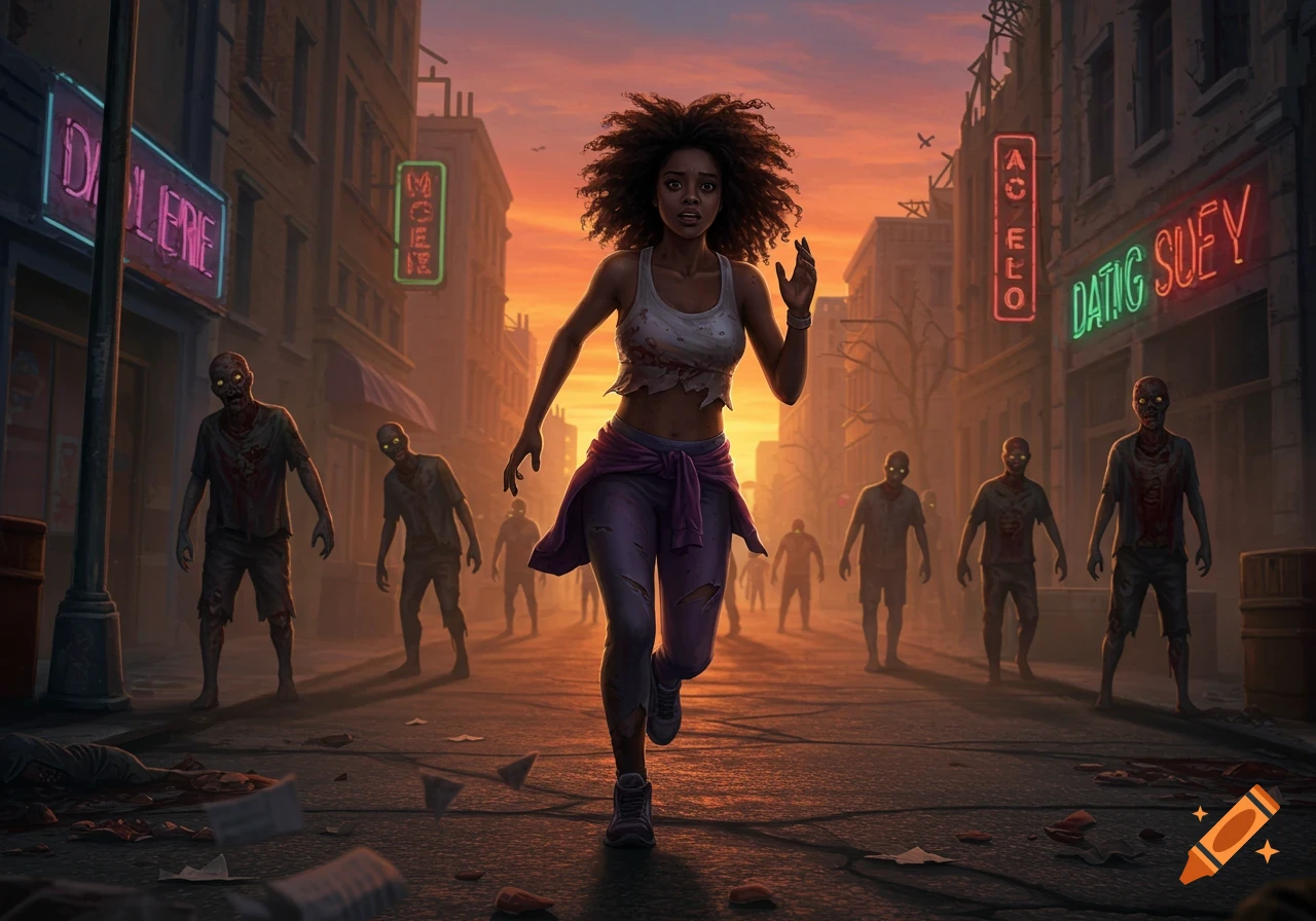 A young Black woman runs through a city street away from a horde of zombies at sunset, in an action-horror style.