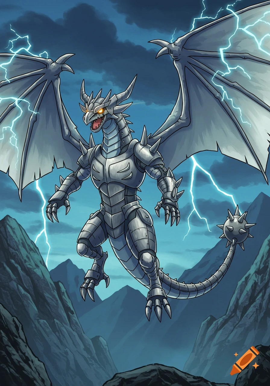 A powerful, armored, silvery-blue dragon with huge wings and a mace tail hovers in a stormy mountain sky with lightning, in a fantasy cartoon style.