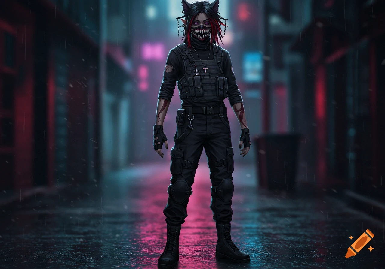 A person with black hair, cat ears, a demonic mask, and tactical gear stands in a rainy, neon-lit cyberpunk street.