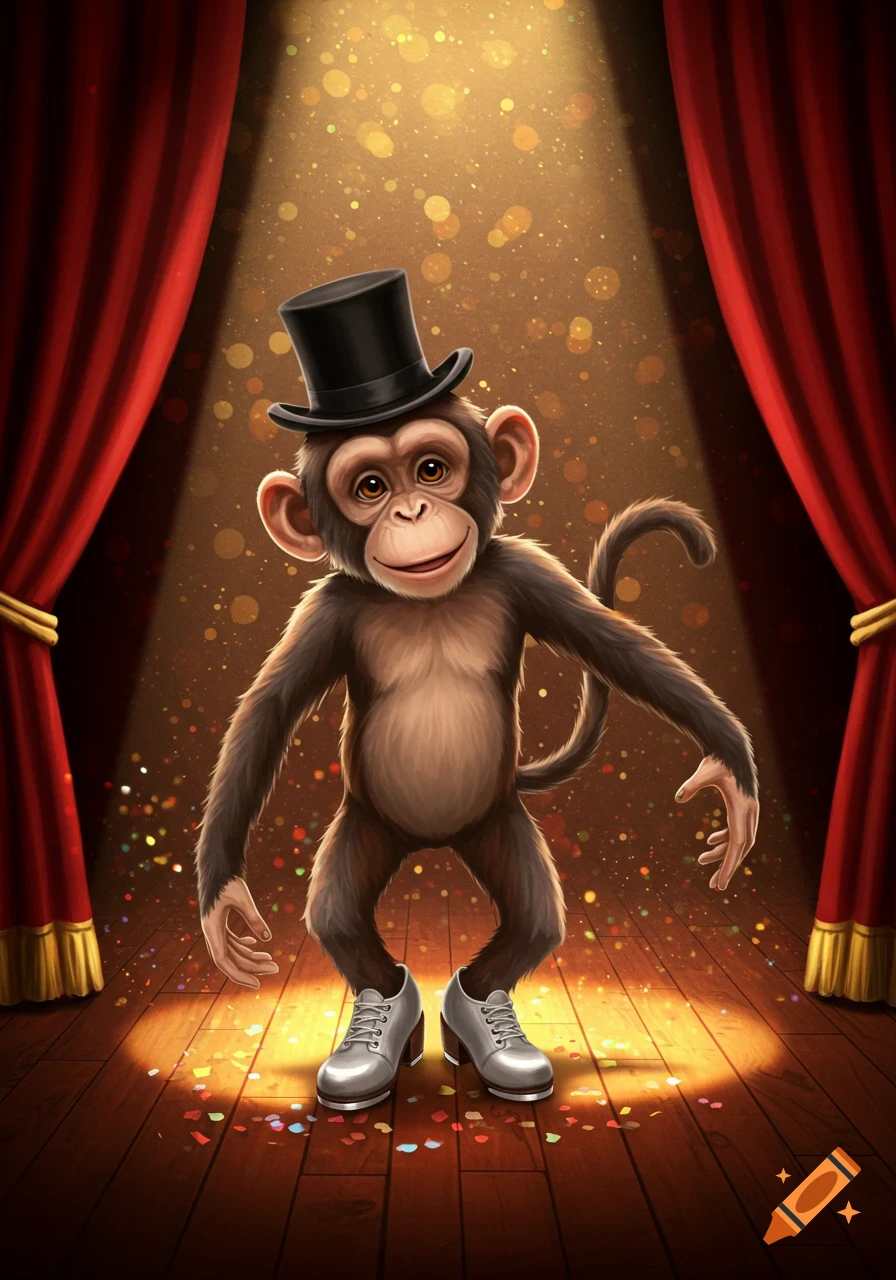A cartoon chimpanzee wearing a top hat and tap shoes stands under a spotlight on a wooden stage with red curtains and confetti.