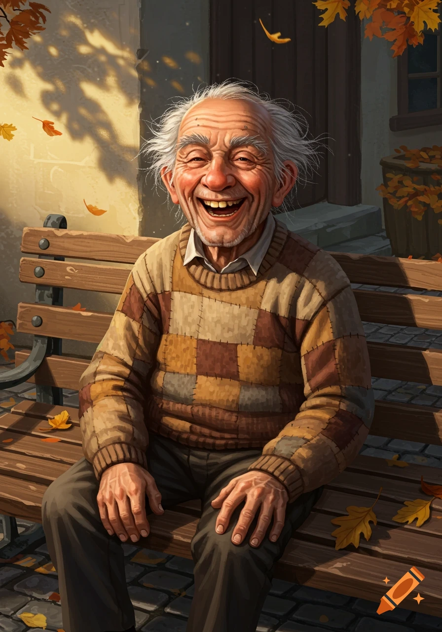 An illustration of a cheerful old man with white hair, wearing a patchwork sweater, laughing loudly while sitting on a park bench surrounded by autumn leaves.