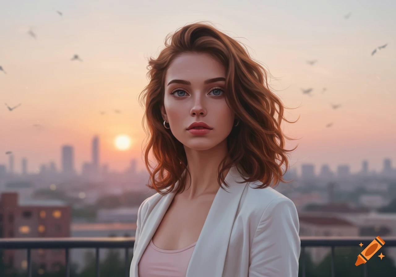 Photorealistic portrait of a young woman with red hair and blue eyes, looking at the viewer, on a rooftop with a cityscape and sunset.