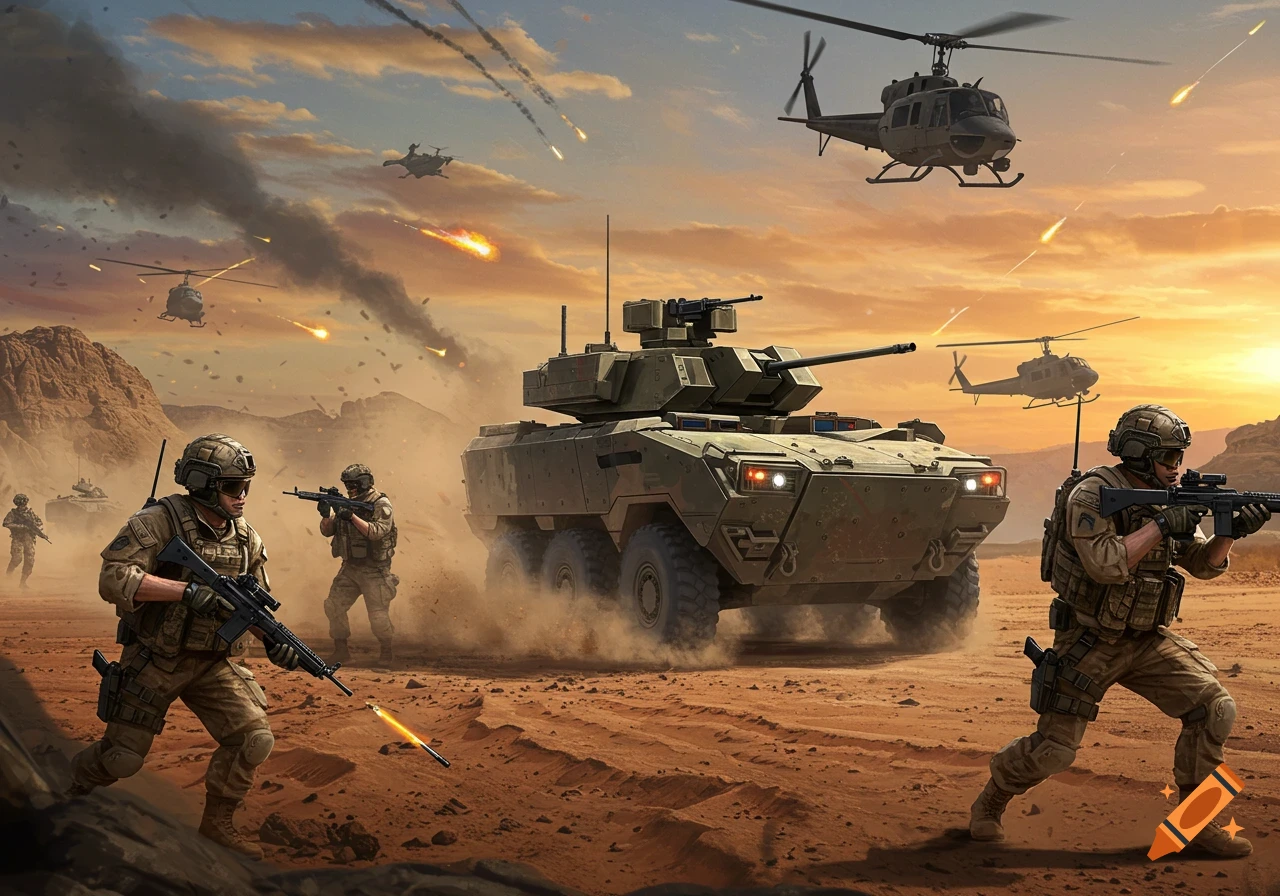 Soldiers and military vehicles in a desert combat zone at sunset, with helicopters overhead and explosions.