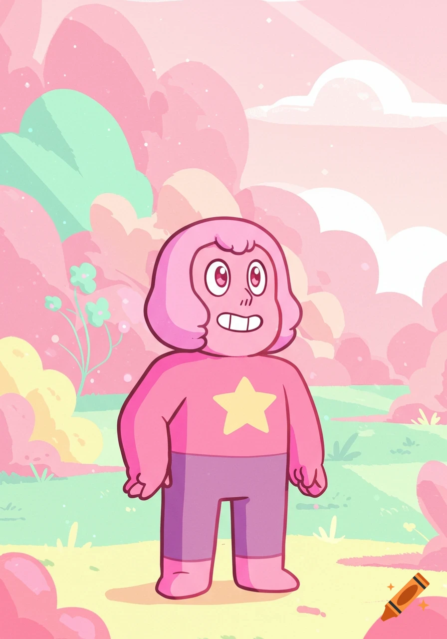 A pink cartoon character with a yellow star on its shirt stands in a whimsical pink and green landscape under a pink sky.