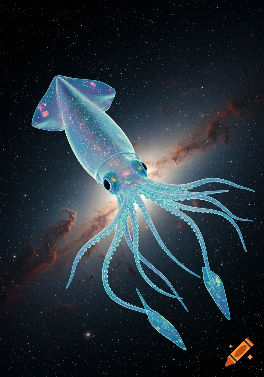 A translucent, glowing alien squid floats in space among stars and nebulae.