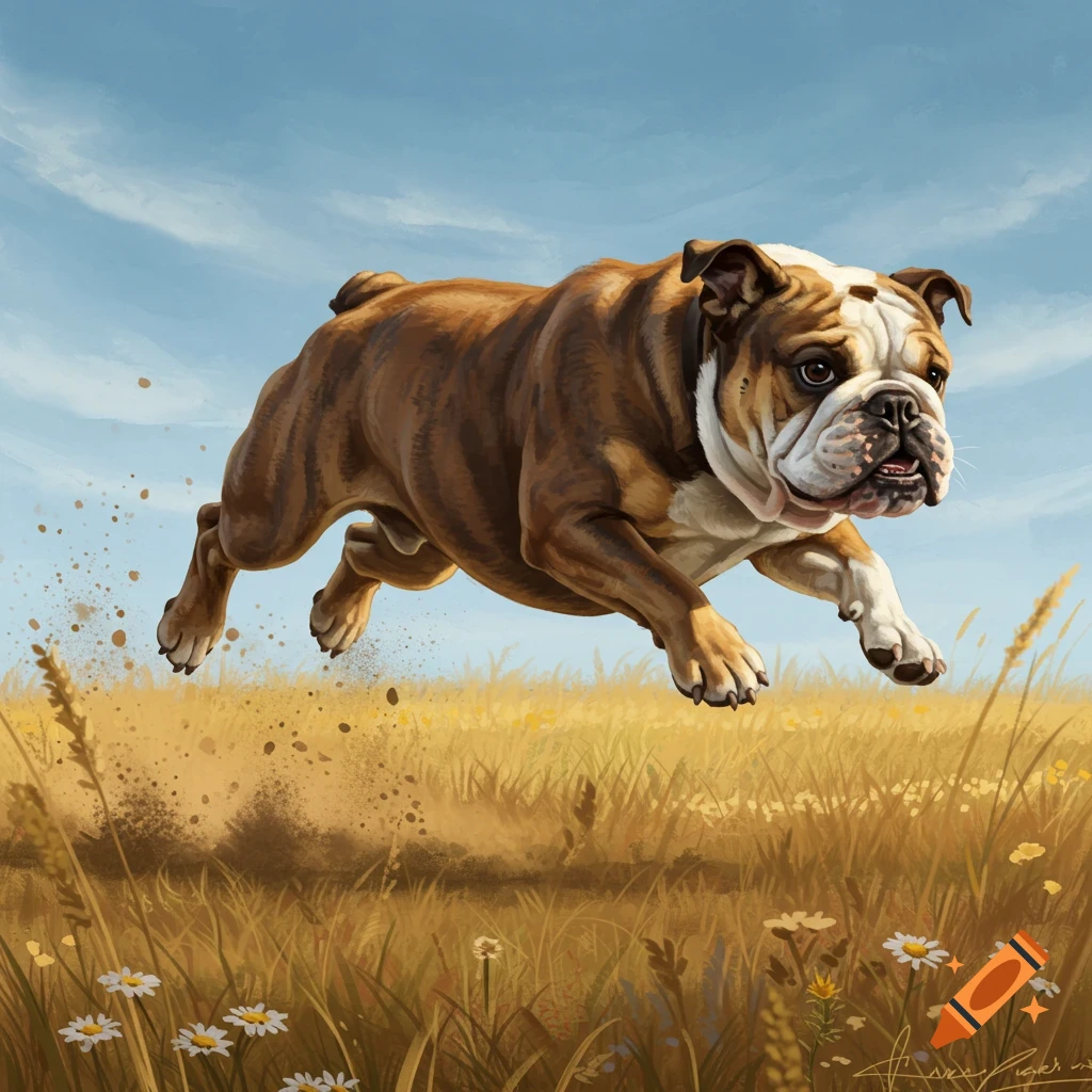A brown and white English bulldog leaps through a sunny golden field, kicking up dirt, in a painterly style.