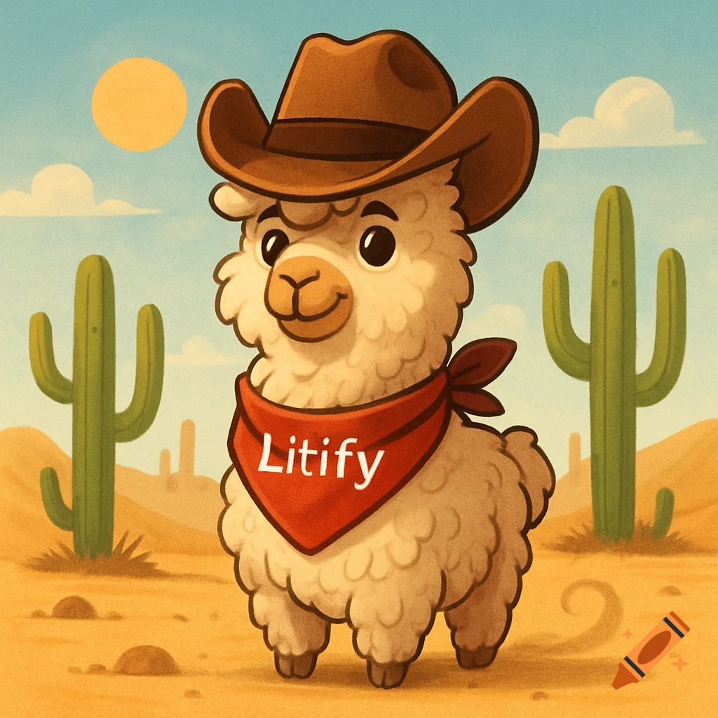A cute cartoon llama wearing a cowboy hat and a red bandana that reads 'Litify' in a desert landscape with cacti.