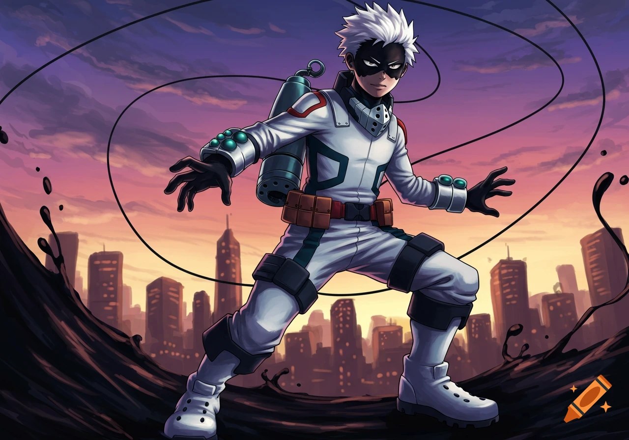 An anime superhero with white hair and a white jumpsuit stands dynamically with black ink swirls around him, a city skyline at sunset in the background.