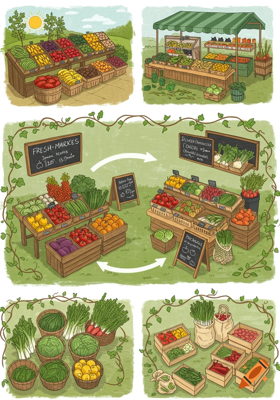 An illustrated diagram showing fruits and vegetables at a farmers market, with different display styles and items in bags and boxes.