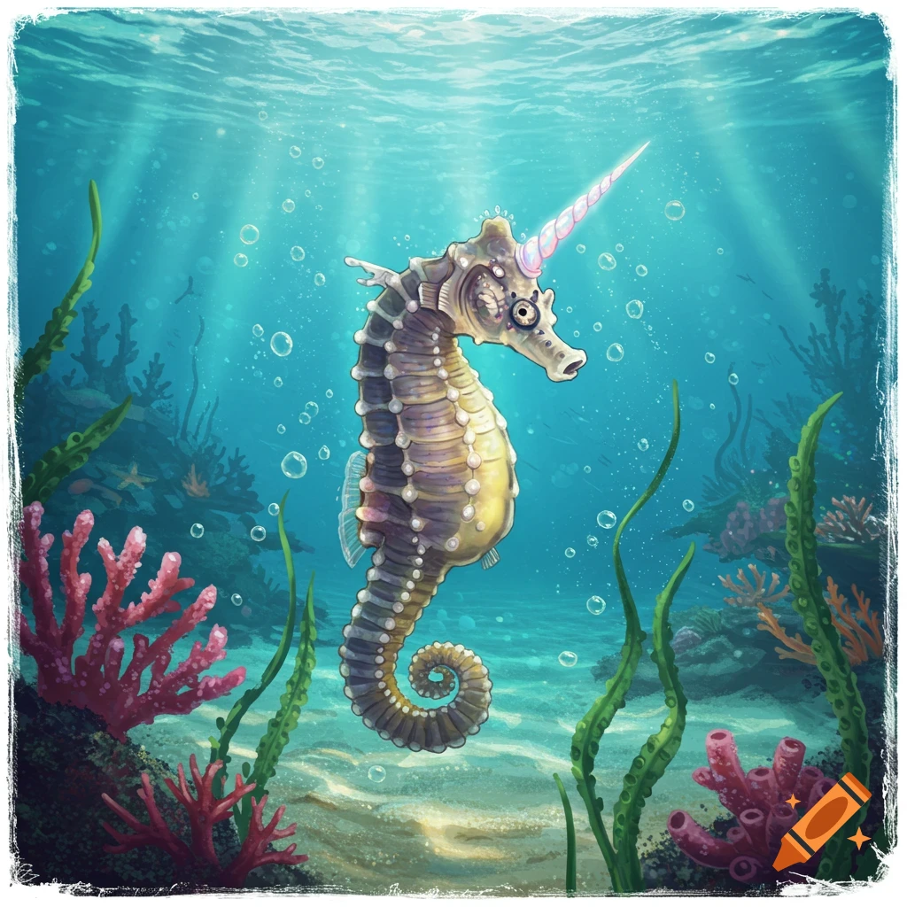 An illustrative seahorse with a rainbow unicorn horn swims in a vibrant underwater scene with coral and sunbeams.