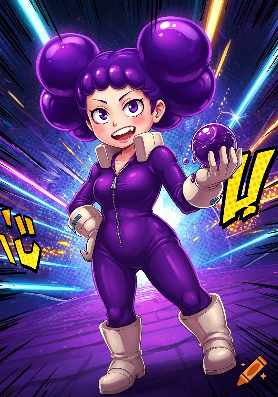 A smiling, purple-haired anime character in a tight purple suit and white boots, holding a purple orb, against a background of bright purple and blue light rays.