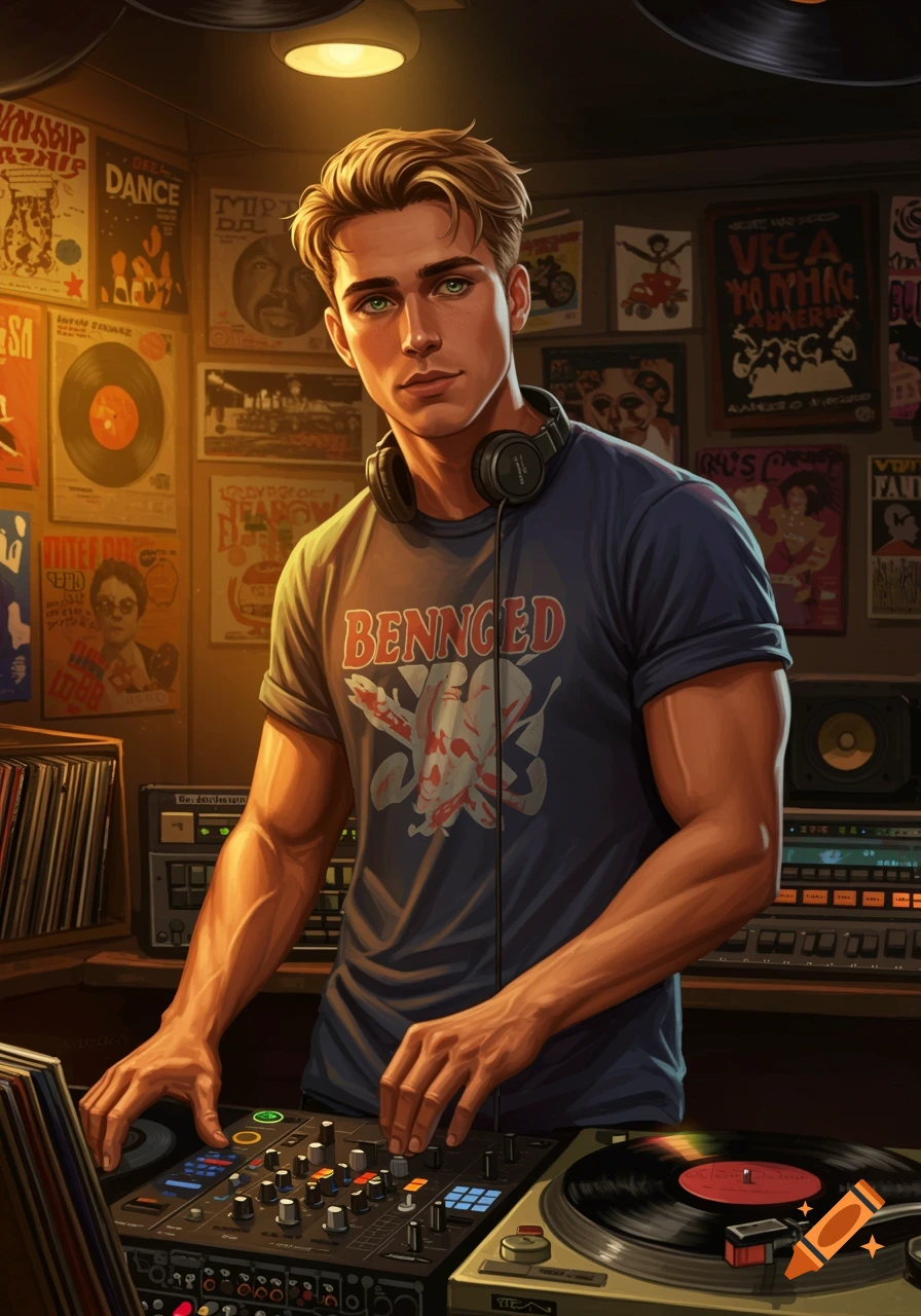 A stylized portrait of a male DJ with blonde hair and green eyes, wearing headphones, mixing music on turntables in a dimly lit room filled with record album posters.