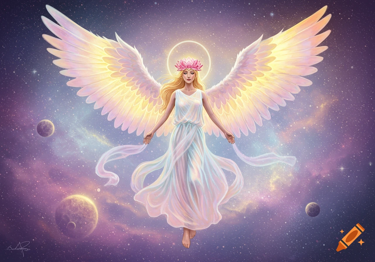 An ethereal angel with large, glowing wings, a halo, and a lotus crown floats in a vibrant cosmic sky with planets.