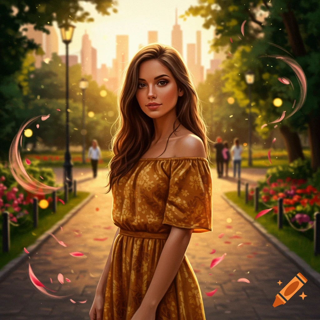 A young woman with long brown hair in a patterned dress stands in a park with a city skyline at sunset.