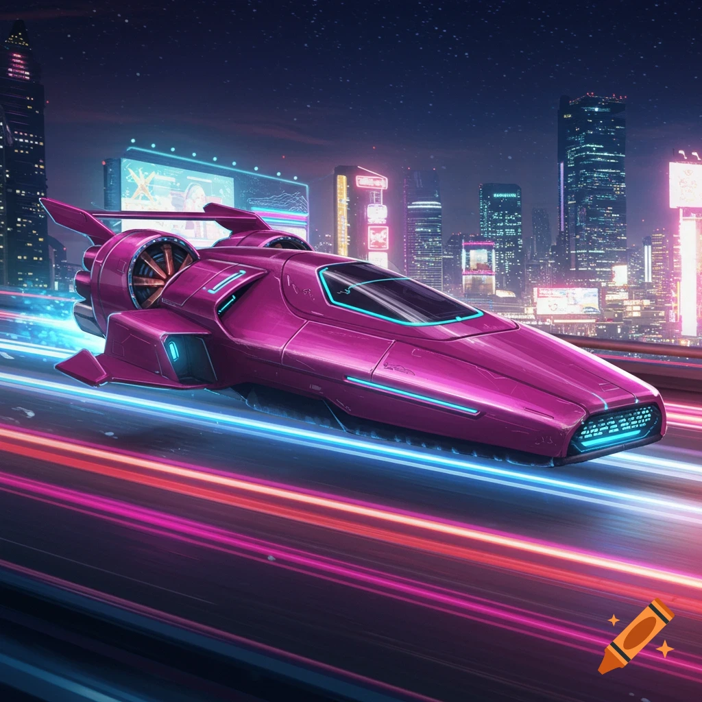 Magenta futuristic hovercraft speeding through a neon-lit cyberpunk city at night with light trails.